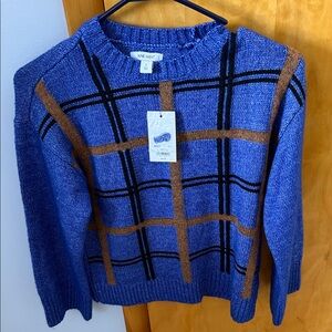 NWT Nine West Blue and Brown Plaid Sweater